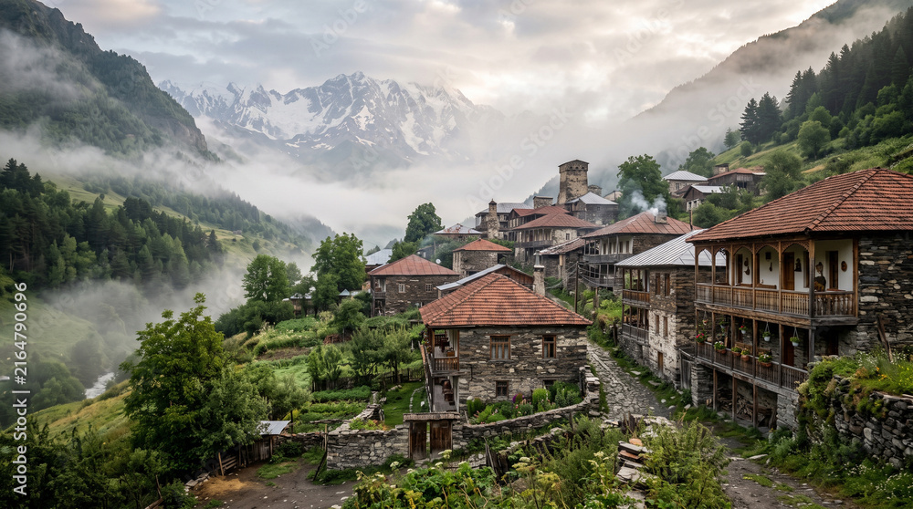 Obraz premium mountain village architecture with traditional stone houses, wooden balconies, and snow-capped peaks in the mist