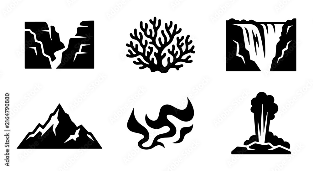 Fototapeta premium Nature Icons Set: Mountains, Waterfall, Canyon, Coral, Fire, Volcano, Vector Graphics