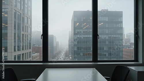 A static cinematic shot looking out from a corporate office window onto a dense urban skyline shrouded in thick white fog.