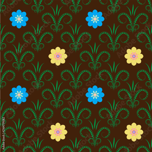 Flowers on abstract grass seamless pattern
