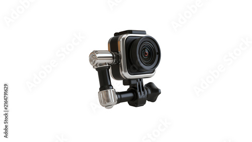 Compact action camera mounted on adjustable pivot arm isolated against plain white background studio shot with attached metallic adjustable black digital action clean white backdrop