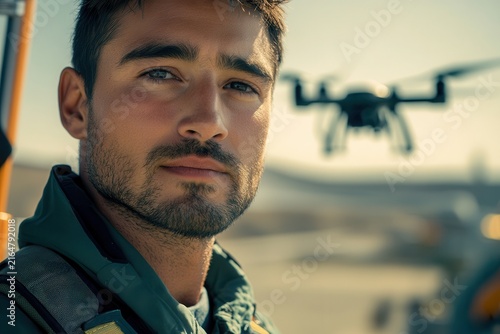 Young male pilot in jacket looks into camera with a hovering camera drone blurred behind. Outdoor aviation and tech portrait.