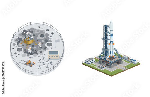 Isometric vector illustration of lunar surface exploration and a space rocket on launch pad platform