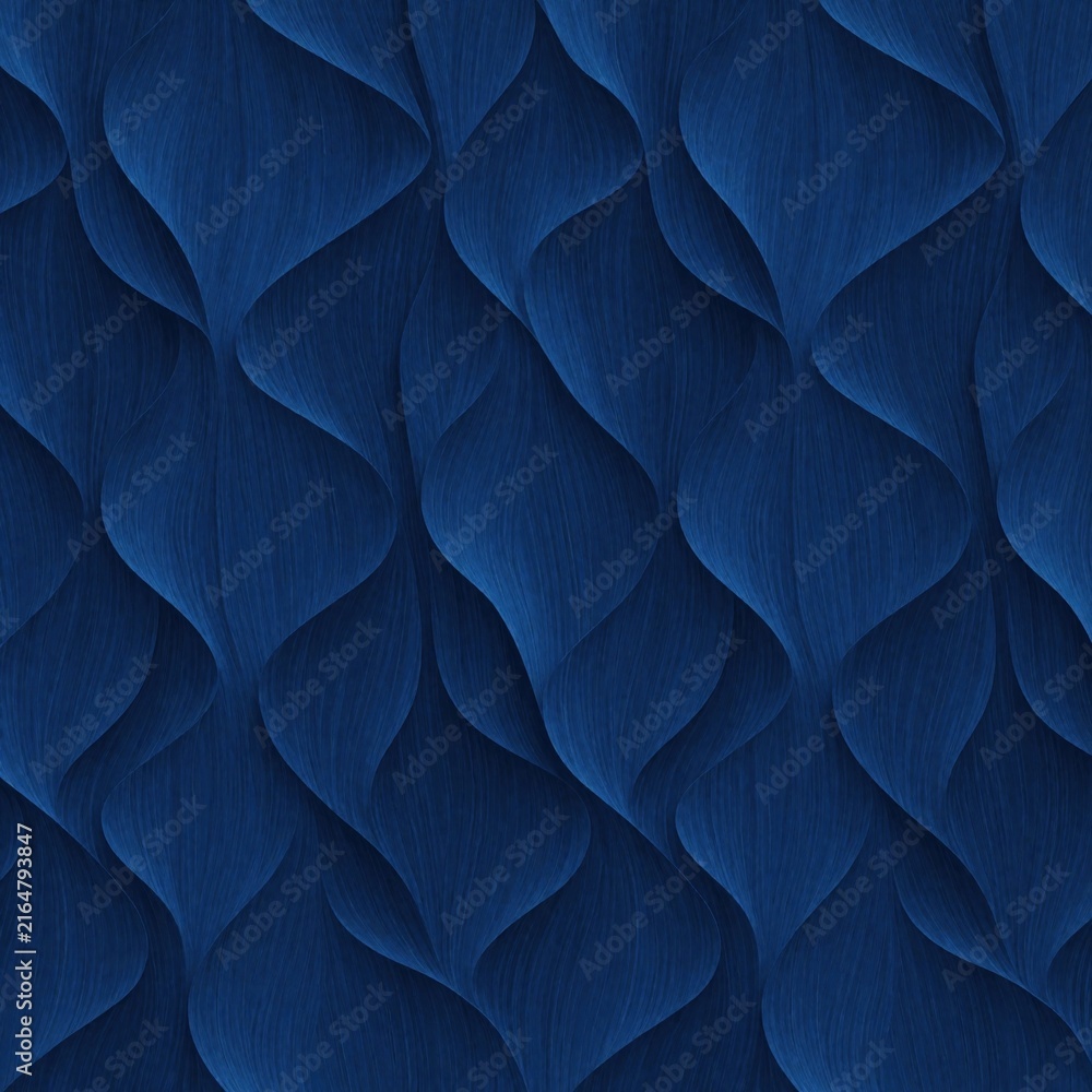 Obraz premium Deep blue abstract organic shapes create seamless wavy background pattern. Geometric relief texture repeats vertically and horizontally, ideal for interior design.