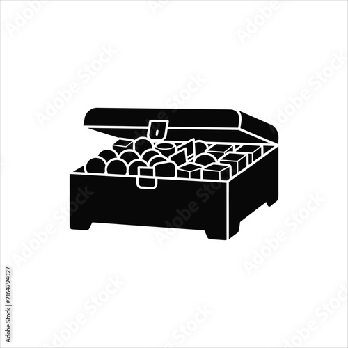 Black and white illustration of an open safe filled with gold bars and coins, symbolizing wealth and security.