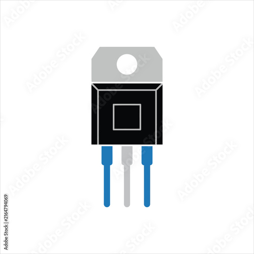 Electronic component with three pins, isolated on white background, for circuit board assembly and electronics manufacturing, showcasing modern technology.