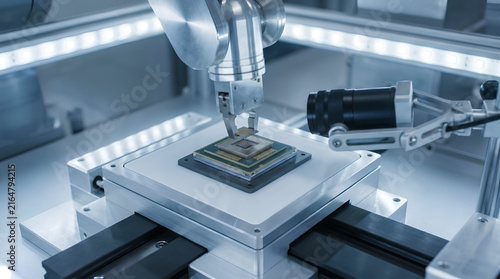 Robotic arm placing microchip on circuit board with machine vision camera
