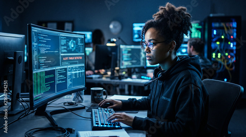 Young Black female programmer analyzing financial data on multiple monitors in dark office