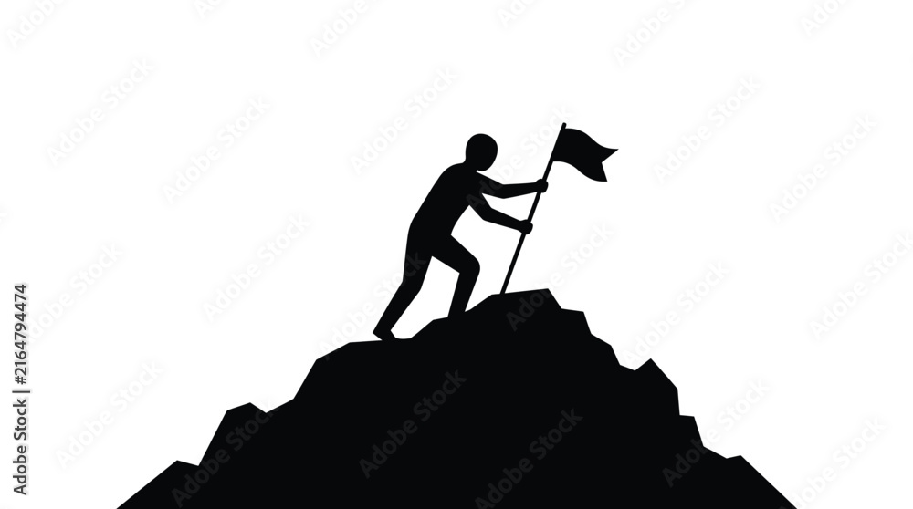 Fototapeta premium Person standing on top of a mountain peak holding a flag in this minimalist black vector illustration for professional business