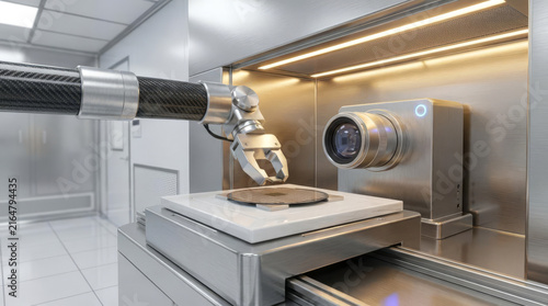 Robotic Arm Handles Semiconductor Wafer in Cleanroom Laboratory