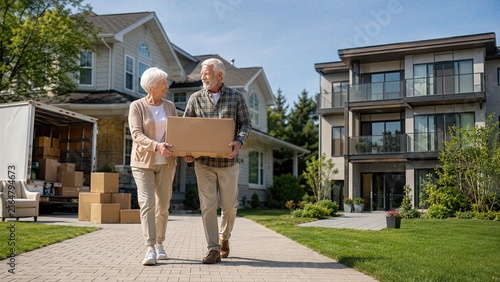 Senior couple carries one moving box from large family house toward smaller apartment, creating clear retirement relocation and downsizing concept with visible housing change.