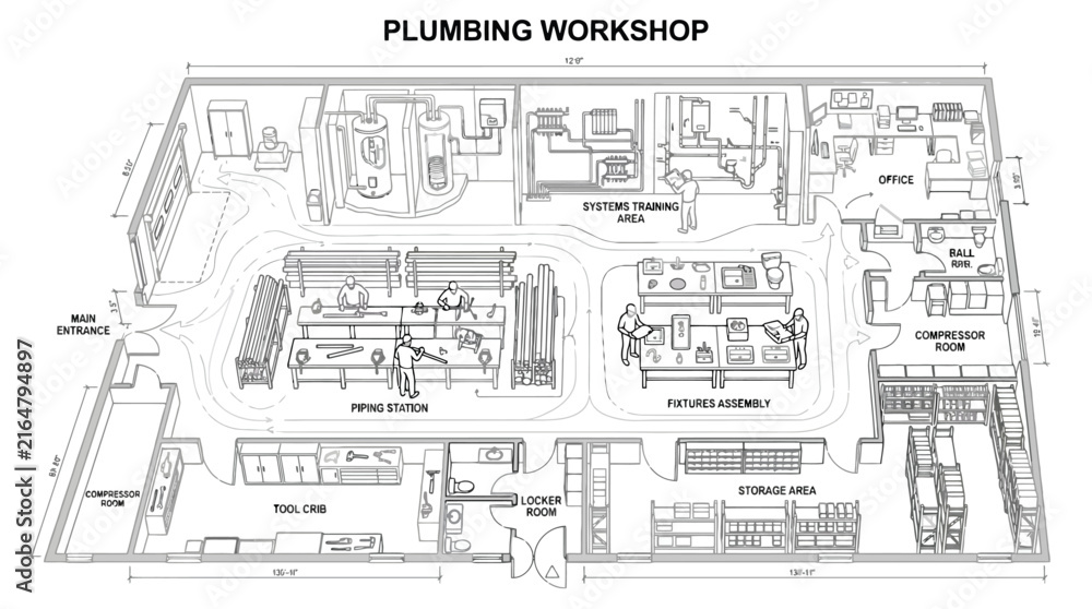 Obraz premium Detailed Architectural Floor Plan of a Plumbing Workshop with Labeled Areas plumbing workshop floor plan