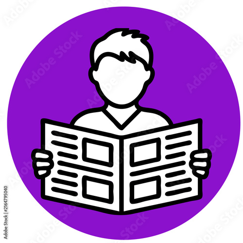 Minimalist outline vector illustration of a person holding an open newspaper against a striking purple circular backdrop.
