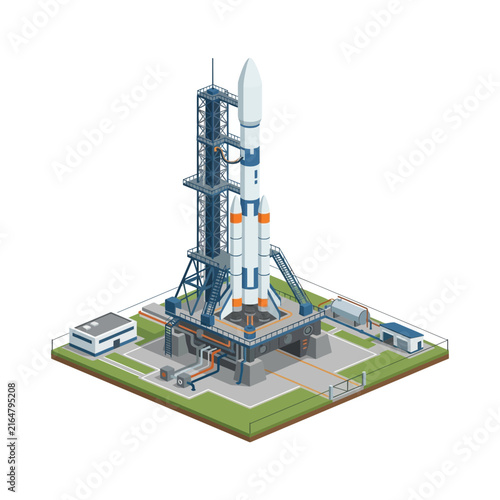 Isometric Vector Illustration of a Space Rocket Standing on a Launch Pad at a Space Center Facility