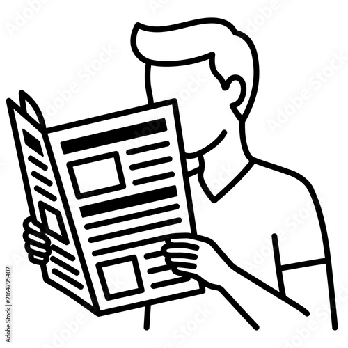 Outline vector illustration of a person reading a newspaper in profile view on a clean white background.
