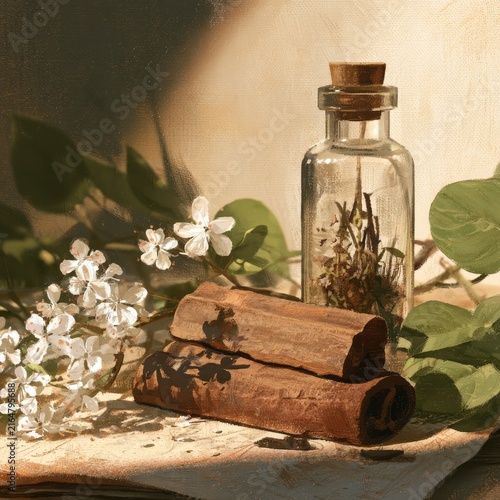 Illustrated cinchona bark scene with floral accents, leafy greens, and a small glass bottle containing dried medicinal herbs