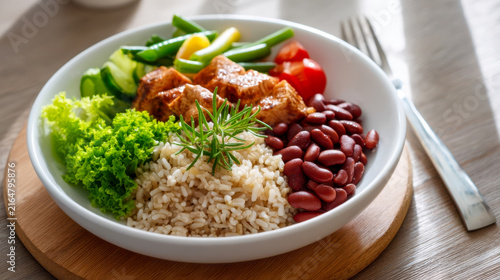 Healthy fit Brazilian lunch bowl with rice and vegetables served in a white bowl