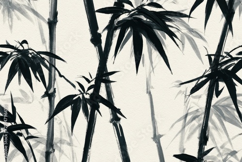 Ink wash bamboo wallpaper pattern in monochrome with graceful brush strokes and soft gray accents