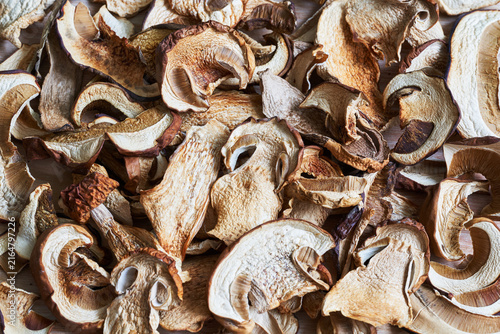 Obraz na płótnie Dried wild mushrooms background. Top view.