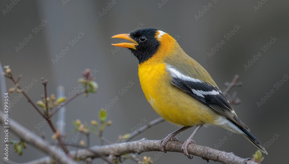 Obraz premium Evening Grosbeak Coccothraustes Vespertinus Colorful Songbird with Yellow Plumage