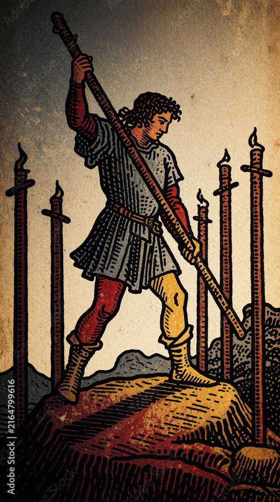 Obraz premium Person holds staff on hilltop defending against unseen foes. Six wands stand in background suggesting conflict and challenge. Represents courage, perseverance, and standing firm against adversity.