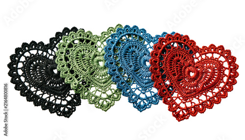 Vintage crochet lace hearts in colorful yarn, handmade textile heart collection, rustic craft embroidery for wedding and romantic decor