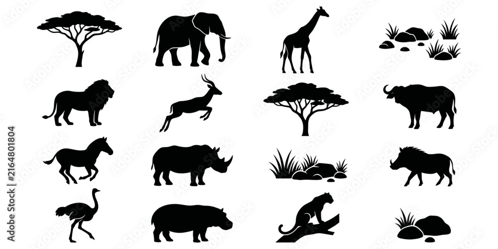 Fototapeta premium A beautiful silhouette collection showcases recognizable african wildlife including lions elephants giraffes and acacia trees on a simple white backdrop