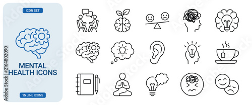 Set of mental health and psychology line icons, including brain, therapy, meditation, and emotional balance symbols