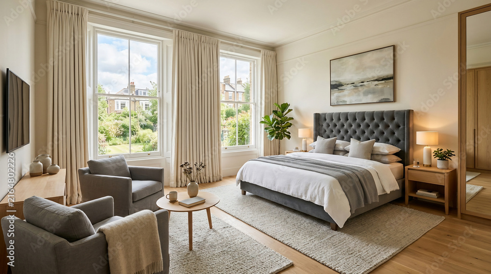 Fototapeta premium Modern and Elegant Bedroom Interior with Large Windows, Comfortable Gray Seating, and Neutral Decor for a Peaceful Atmosphere