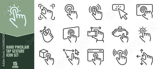 Set of 15 hand gesture icons, including pinch, air tap, and touch screen interactions for user interface design, virtual reality, and digital navigation