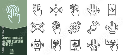 Haptic feedback and tactile response icon set, collection of linear vector symbols for touch interface, vibration technology, and sensory user experience design