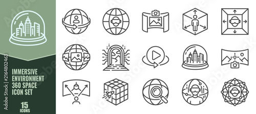 Immersive environment 360 space icon set, virtual reality and metaverse technology line icons
