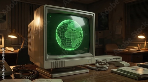 retro crt monitor displaying glowing green wireframe globe on wooden desk in dimly lit vintage office. early internet, computing and cyberpunk concept. hacker workspace. website header, banner