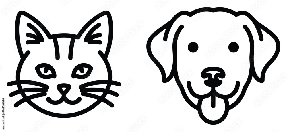 Obraz premium Simple black and white line of a cat face and a dog face isolated on a white background, for use head