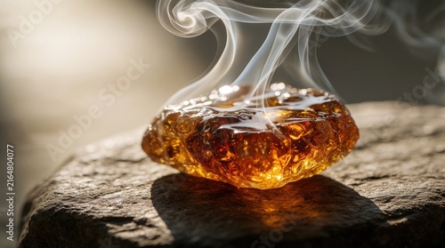 Amber resin piece smolders on rough stone. Wisps of white smoke rise from fragrant, glowing amber. Natural material offers calm for meditation or decor. Healing aromatherapy for mind.