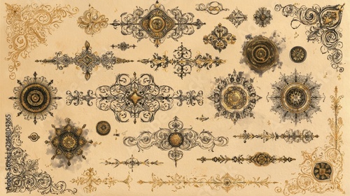 Intricate Corner Ornaments, Scrollwork and Mandalas in Gold and Ink