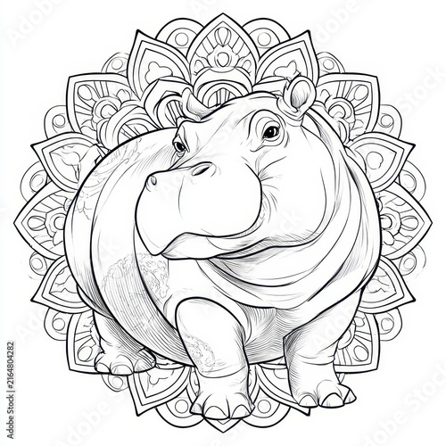 Intricate Hippopotamus Mandala Artwork for Coloring: Calming Radial Patterns and Gentle, Friendly Hippo