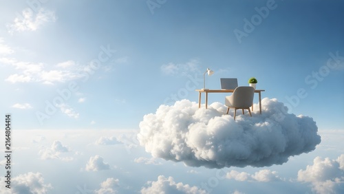 A desk with a laptop and chair sits on a fluffy white cloud floating high in a blue sky 3d rendered.