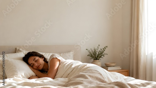 A peaceful young woman with dark hair sleeps soundly in a cozy bed in a bright bedroom.