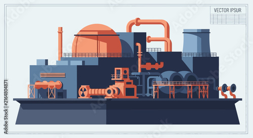 Futuristic industrial facility in flat style with bold colors and geometric shapes