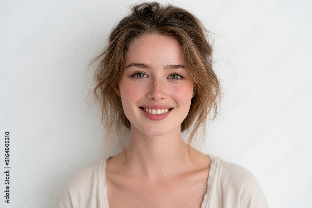 Fototapeta premium Joyful studio portrait of a young woman with fair hair, casual outfit, soft smile against a clean white backdrop