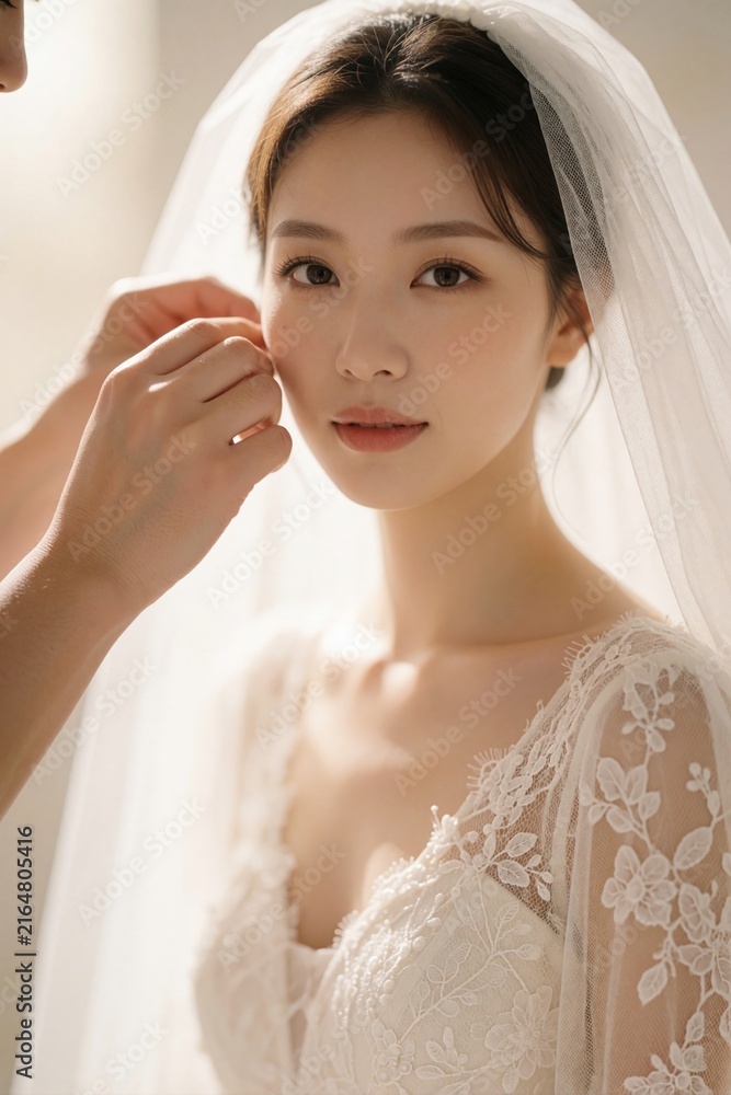 Fototapeta premium Young woman in white lace bridal gown gets ear piercing. Bride wears veil, looks at camera. Gentle hands adorn her with jewelry before wedding ceremony, soft light.