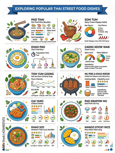 Exploring Popular Thai Street Food Dishes Infographic with Ingredients and Flavor Profiles