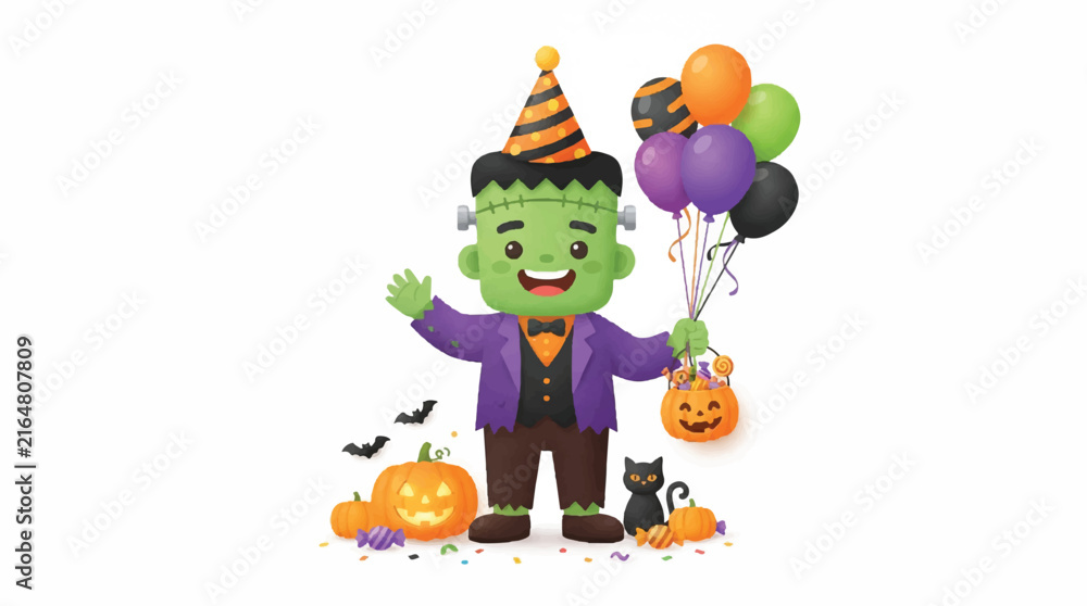 Fototapeta premium Cartoon Frankenstein Character Celebrating Halloween With Balloons and Pumpkins.