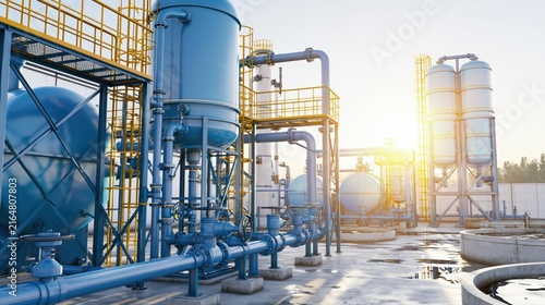 Modern water treatment facility with filtration tanks, pipelines and valves, representing sustainable water processing, utility infrastructure, purification and efficient resource management.