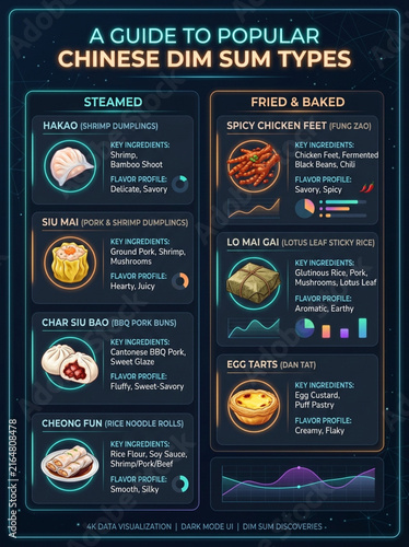 Comprehensive Guide to Popular Chinese Dim Sum Types Infographic with Dark Mode UI Design and Data Visualization