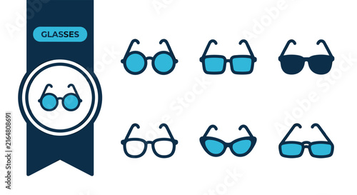 glasses icon set, six flat vector variations, navy blue ribbon badge design, isolated on white background, ideal for vision, fashion and optical themes, icon set, icons, pack, vector