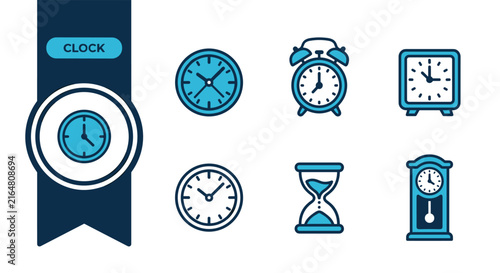 clock icon set, six flat vector variations, navy blue ribbon badge design, isolated on white background, ideal for time, schedule and office themes, icon set, icons, pack, vector, design