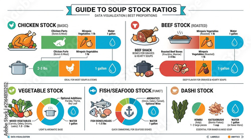 Comprehensive Infographic Guide for Soup Stock Ratios Including Chicken Beef Vegetable Fish and Dashi Proportions