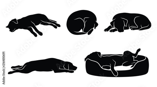 Obraz na plátne Set of black silhouettes of dogs in various resting positions including sleeping